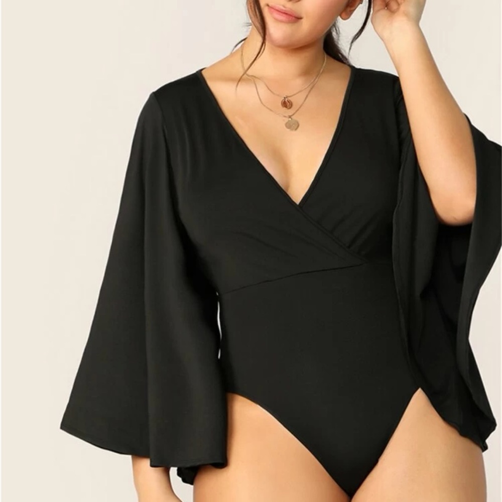 NWOT Black Surplice Neck Bell Sleeve Bodysuit